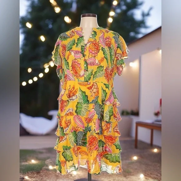 Farm Rio Anthropologie • Tiered Beaks & Bananas Dress • sz Large - Picture 1 of 10